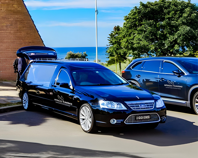Black funeral hearse parked outdoors.